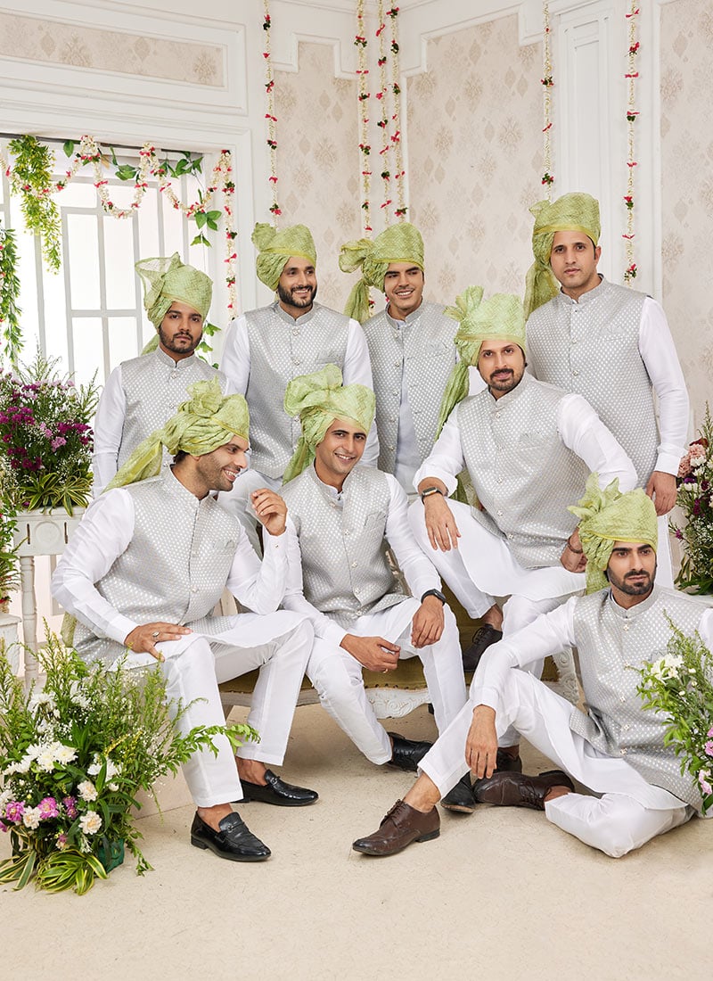 White Banarasi Silk Embroidered Bandi Set Wedding Wear