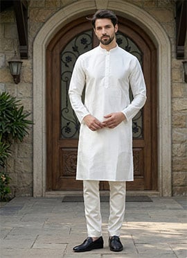 White Banglory Silk Embroidered Kurta Pyjama