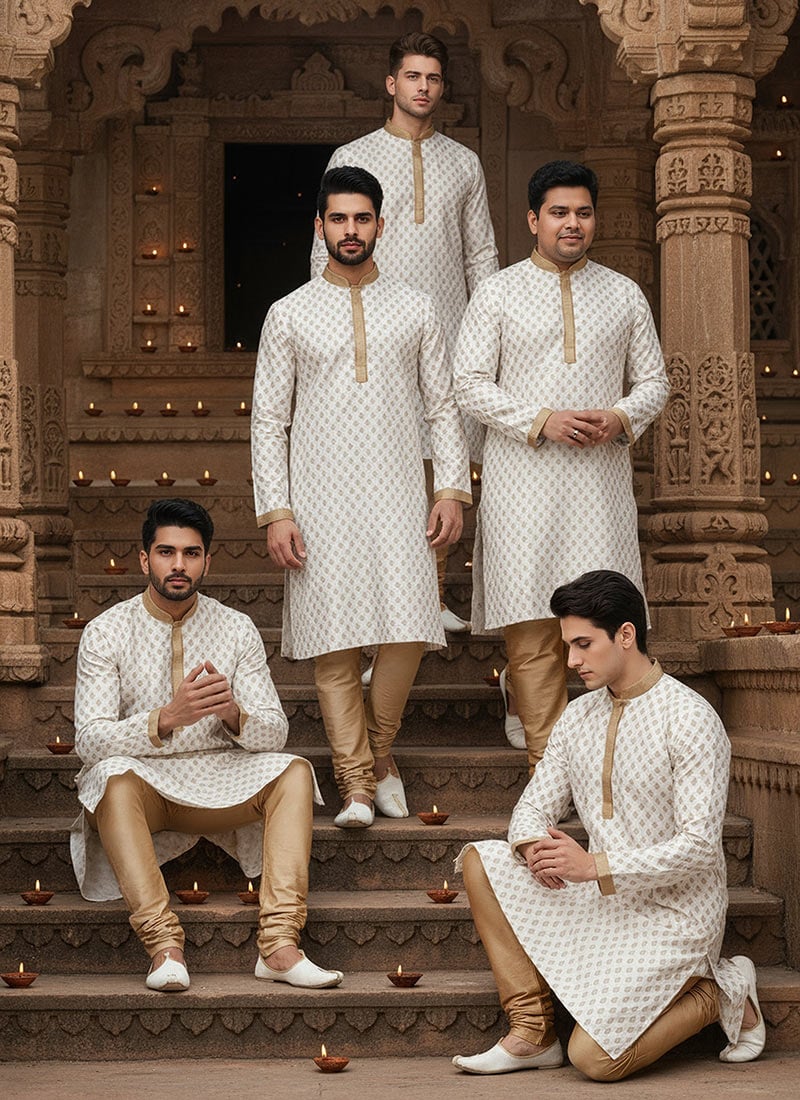 White Benarasi Dupion Silk Kurta Pyjama