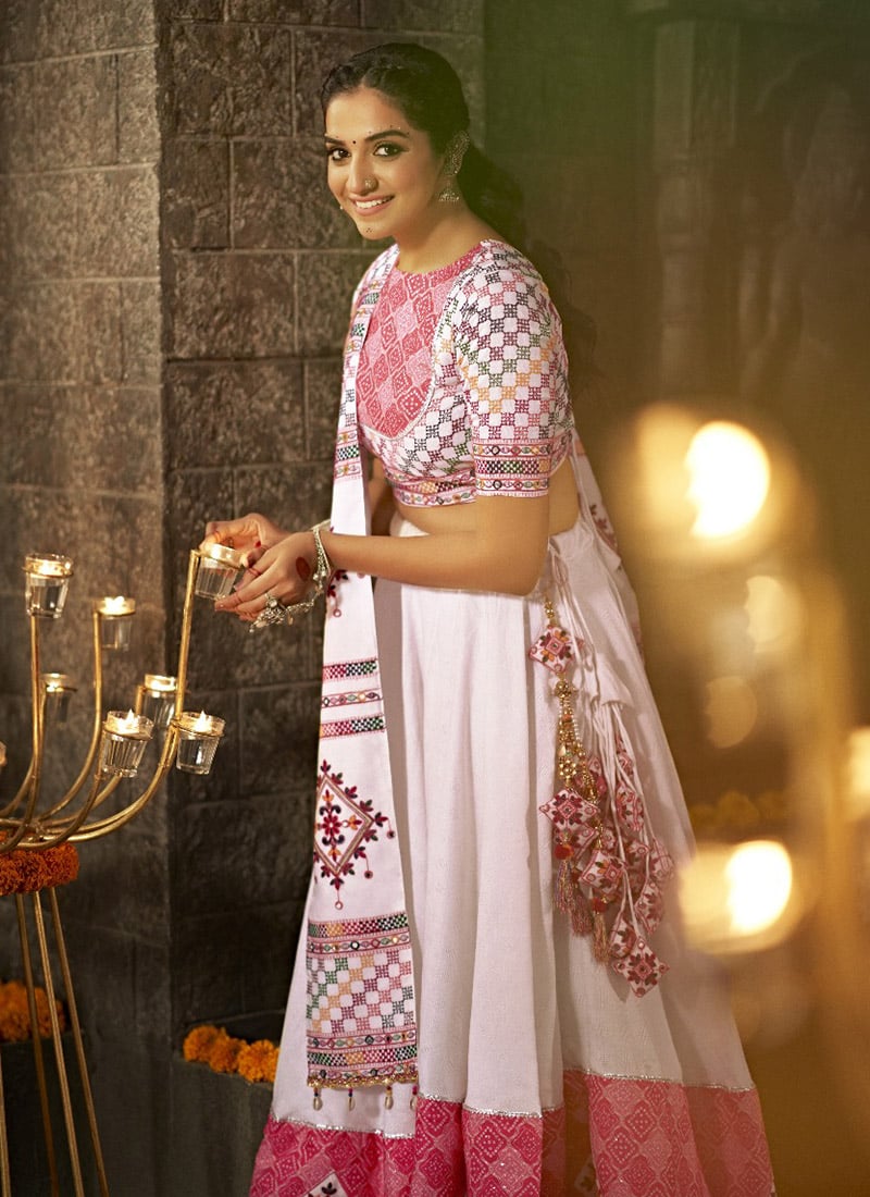 White Blended Cotton Printed Kutch Work Chaniya Choli