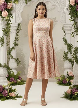 White Brocade Boat Neck Flared Dress