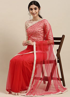 White Brocade N Pink Net Border Saree