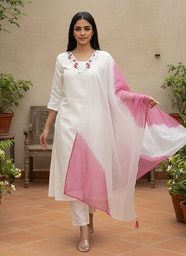 White Chanderi Embroidered Straight Pant Suit