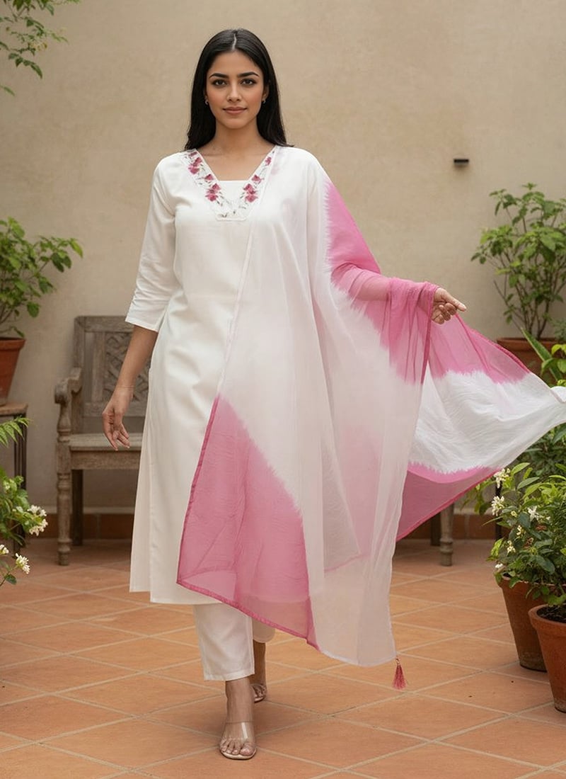 White Chanderi Embroidered Straight Pant Suit