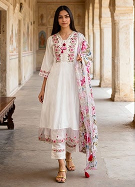 White Chanderi Silk Embroidered Sequins Straight Pant Suit With Digital Print Dupatta