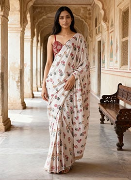 White Chinon Digital Print Pre Draped Saree