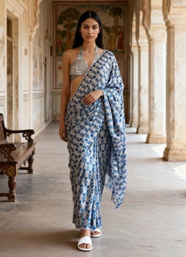 White Chinon Digital Print Pre Draped Saree