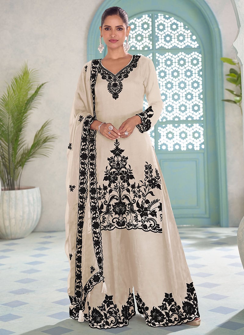 White Chinon Embroidered Palazzo Suit Festive Wear