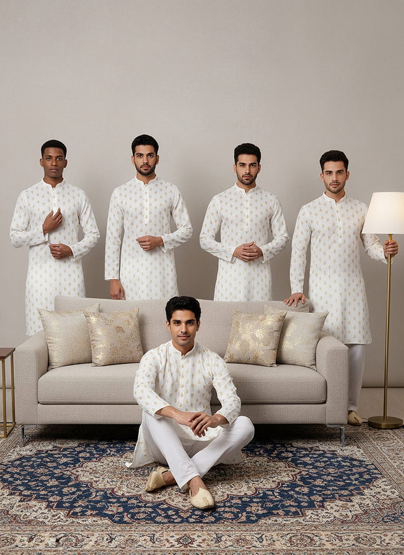 White Cotton Digital Printed Kurta Pyjama