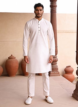 White Cotton Embroidered Sequins Kurta Pyjama For Men