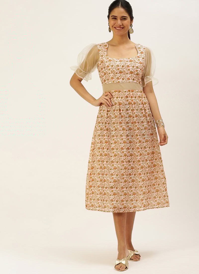 White Digital Printed Art Silk Dress After Six Wear