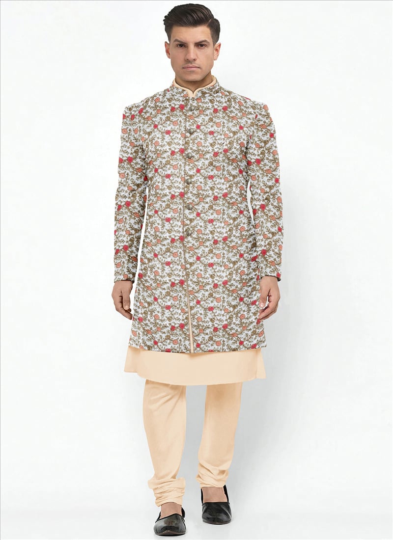 White Embroidered Art Silk Sherwani set Wedding Wear