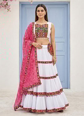 White Embroidered Kutch Work Georgette Chaniya Choli Ensemble