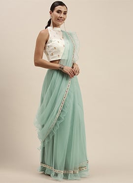 White Embroidered N Blue Ruffles Saree