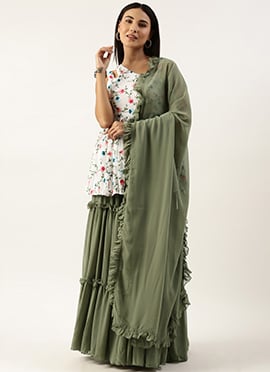 White Embroidered N Green Georgette Salwar Set