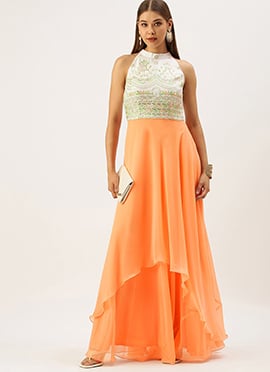 White Embroidered N Light Peach Layered Gown