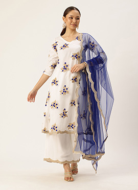 White Embroidered Net Wide Leg Pant Suit