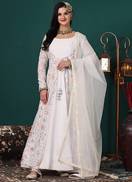 White Embroidered Organza N Georgette Anarkali Suit