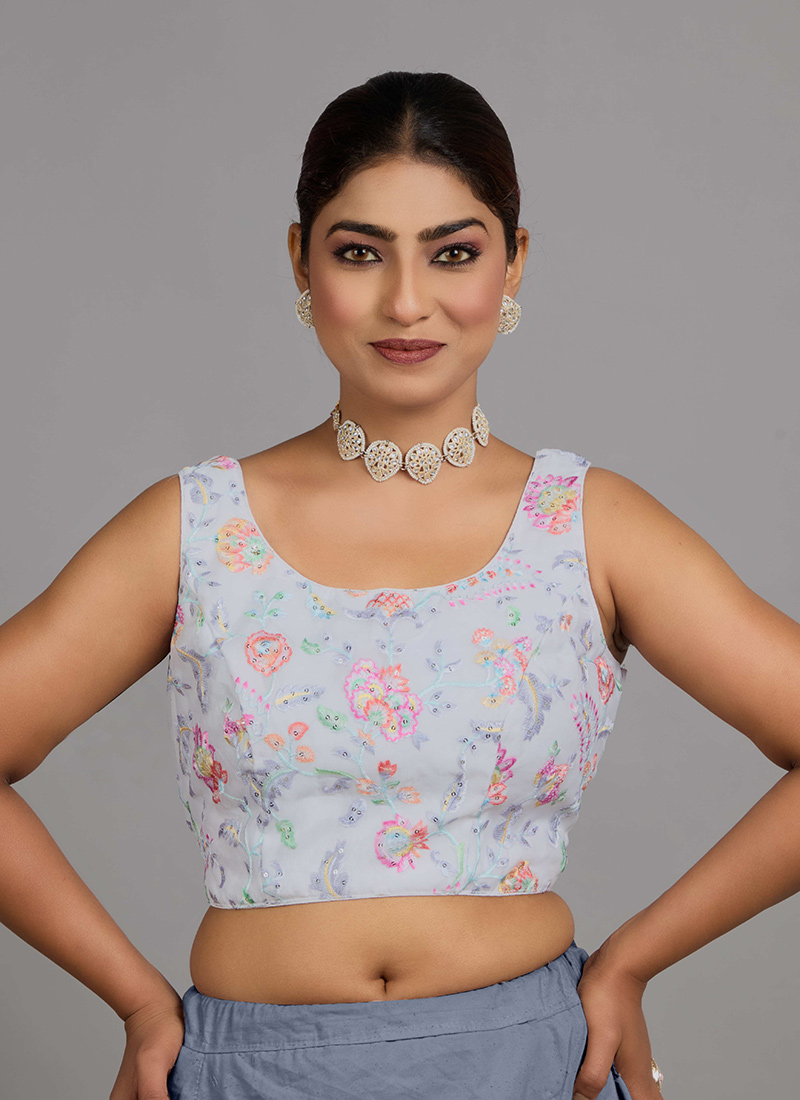 White Embroidered Organza Sleeveless Blouse Festive Wear