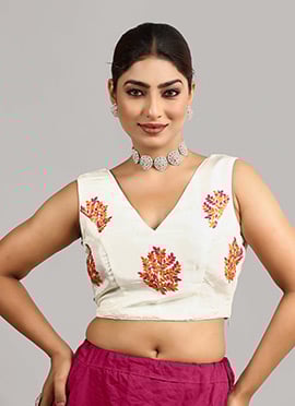 White Embroidered Poly Silk V Neck Blouse