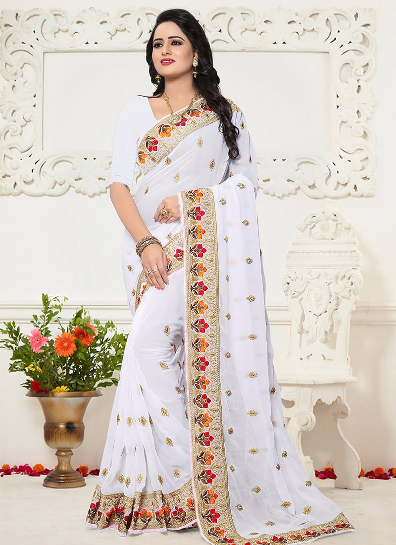 White Embroidered Saree Party Wear