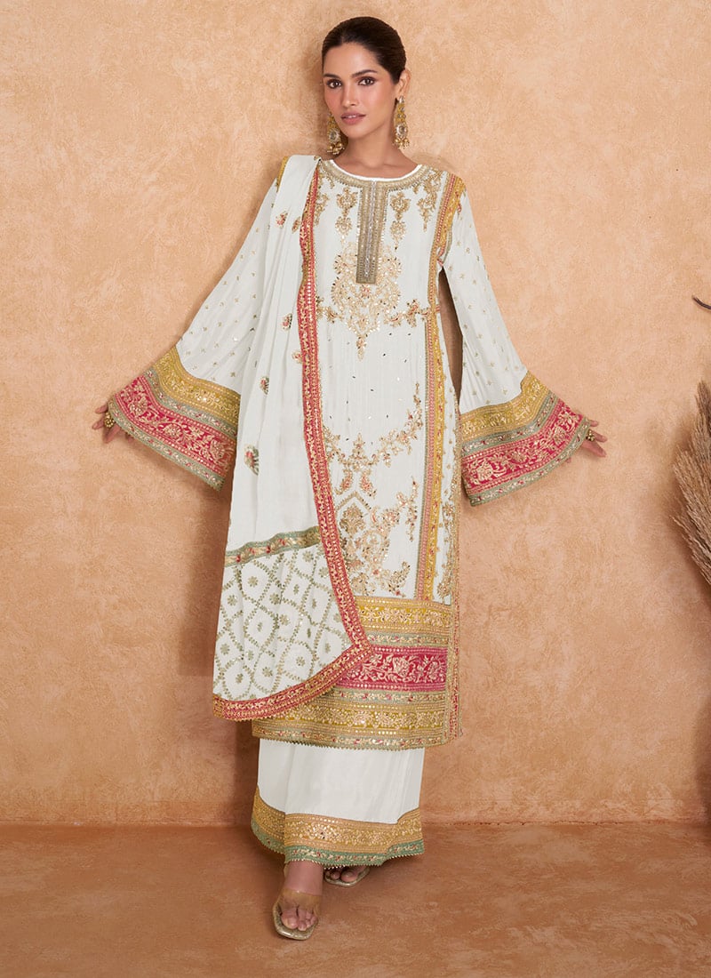 White Embroidered Sequins Chinon Pakistani Palazzo Suit Party Wear
