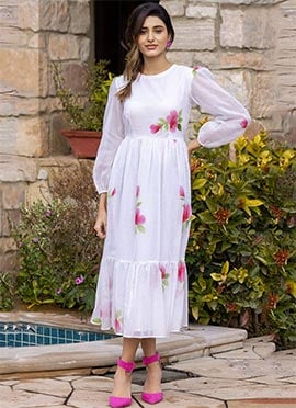 White Faux Chiffon Digital Print Fit And Flare Dress