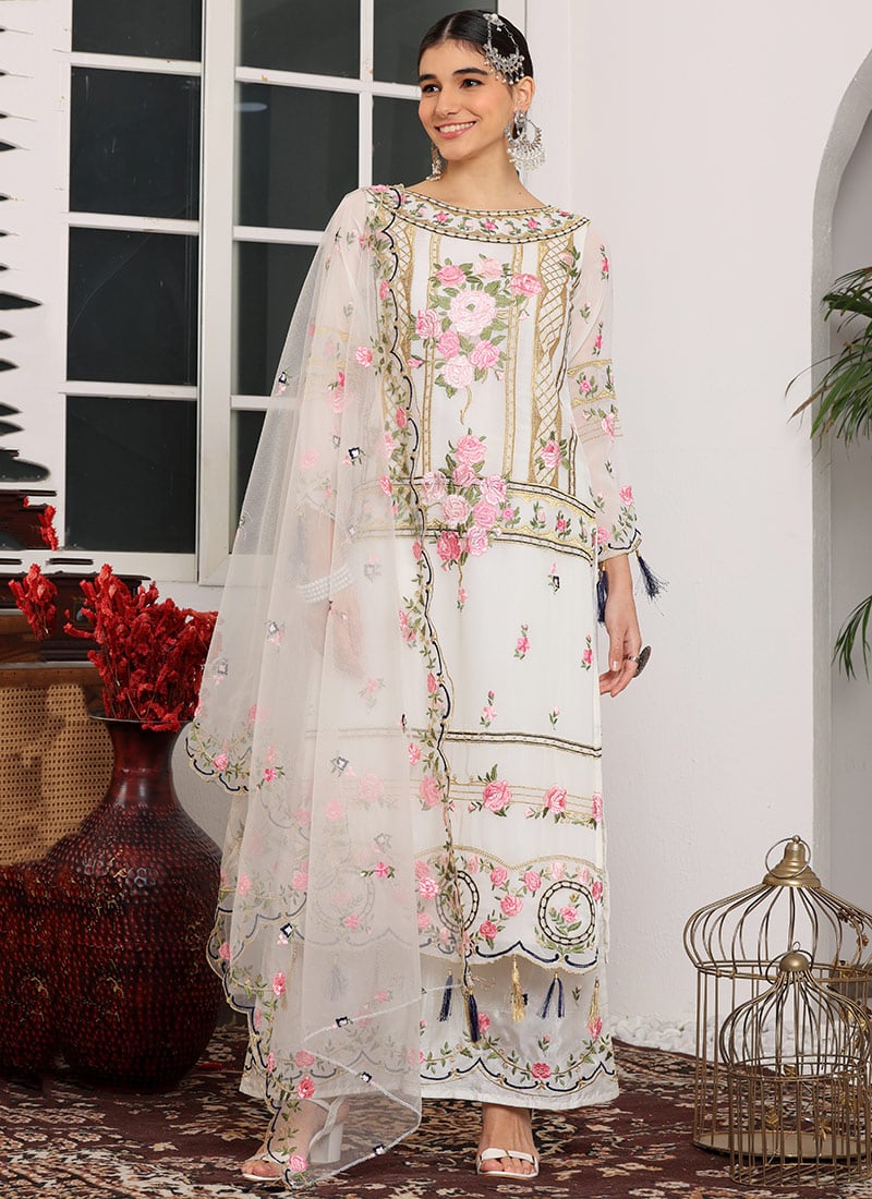White Faux Georgette Embroidered Pakistani Suit Party Wear