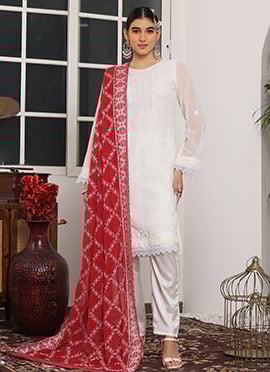 White Faux Georgette Embroidered Pakistani Suit