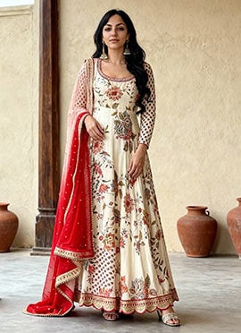 White Faux Georgette Printed Embroidered Sequins Stone Work Anarkali Suit