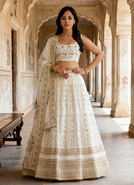 White Faux Georgette Zari Embroidered Sequins Elegant Lehenga