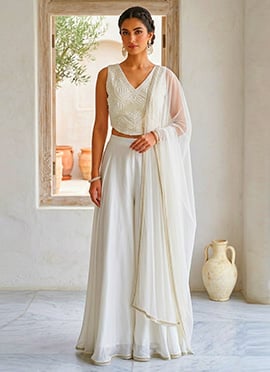 White Georgette Beads Hand Embroidered Indowestern Palazzo Set
