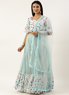 White Georgette Embroidered N Mint Green Lehenga