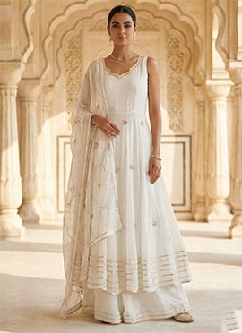 White Georgette Embroidered Sequins Anarkali Suit
