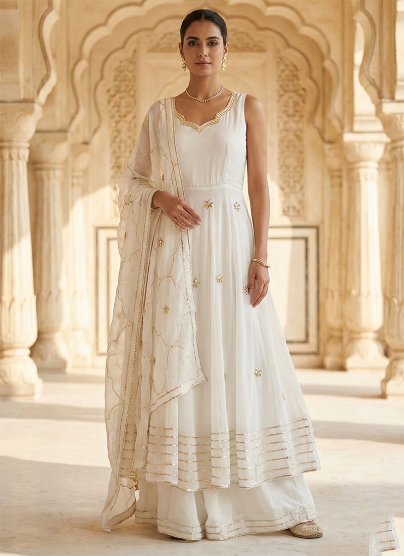 White Georgette Embroidered Sequins Anarkali Suit Festive Wear