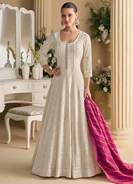White Georgette Embroidered Sequins Chikankari Anarkali Suit