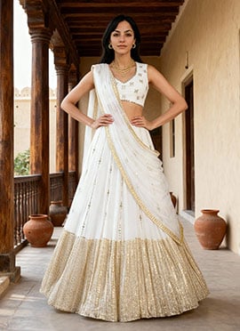 White Georgette Foil Mirror Zari Sequins A Line Lehenga