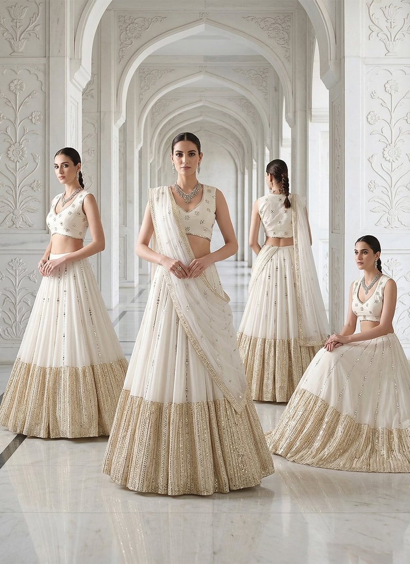Cbazaar Women's A Line Lehenga | White Georgette Foil Mirror Zari Sequins A Line Lehenga | White | Chic Style | Wedding Reception | Classic Neck Style