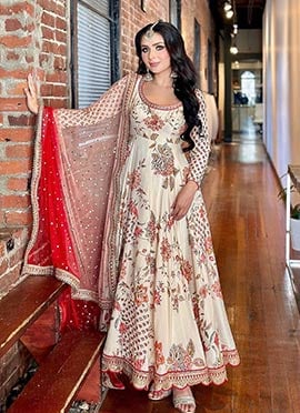 White Georgette Printed Embroidered Sequins Stone Work Anarkali Suit