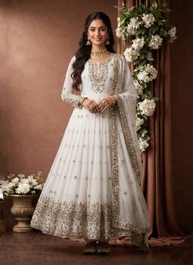 White Georgette Sequins Embroidered Anarkali Suit