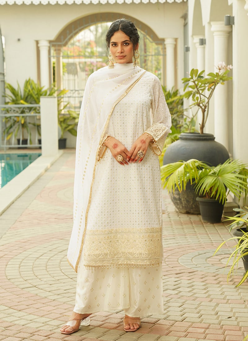 White Georgette Sequins Palazzo Suit Festive Wear