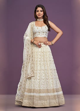 White Georgette Zari Embroidered Sequins Elegant Lehenga
