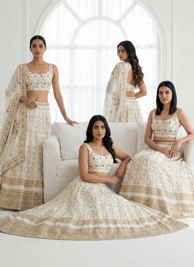 White Georgette Zari Embroidered Sequins Elegant Lehenga Wedding Wear