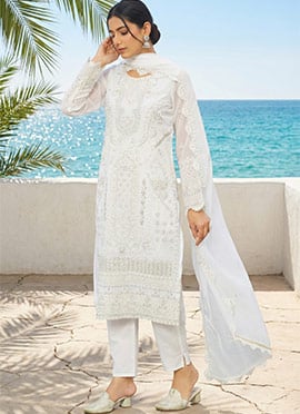 White Georgette Zarkan Embroidered Stone Work Straight Pant Suit