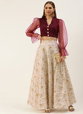 White Jacquard N Wine Art Silk Skirt Set