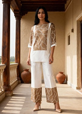 White Linen Satin Digital Print Indowestern Co ord Set