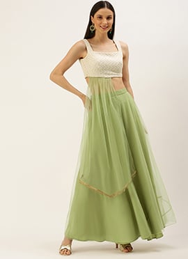 White N Green Embroidered Crop Top Skirt Set