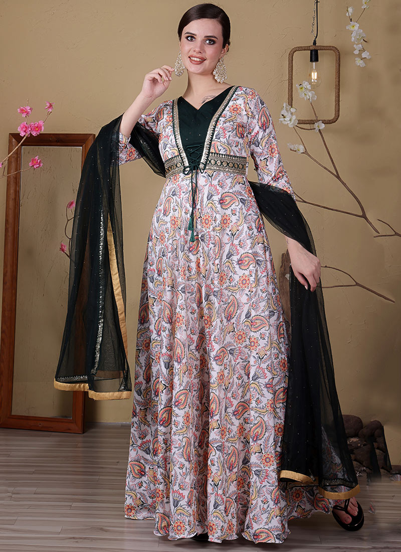 White N Green Satin Digital Printed Anarkali Suit Festive Wear
