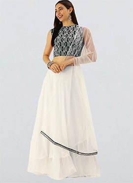 Teen Girls Teen White N Mehndi Green Embroidered Floor Length