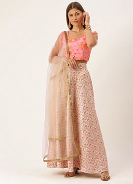 White N Multicolored Ruffled Arm Lehenga Set